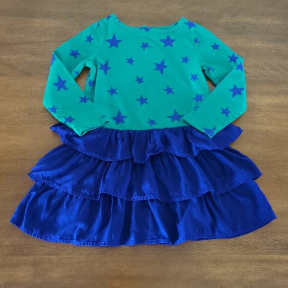 Mini Boden Long sleeve girls stars Green/ purple tiered dress size 3-4 GUC